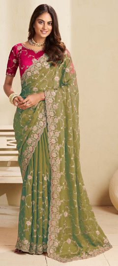 Green color Saree in Crushed Silk fabric with Embroidered, Resham, Stone, Thread, Zari work