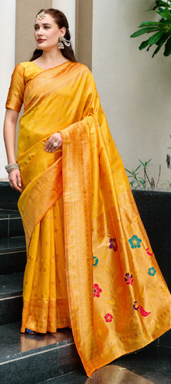 Orange color Saree in Blended fabric with Weaving, Zari work