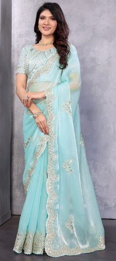 Blue color Saree in Shimmer fabric with Embroidered, Sequence work
