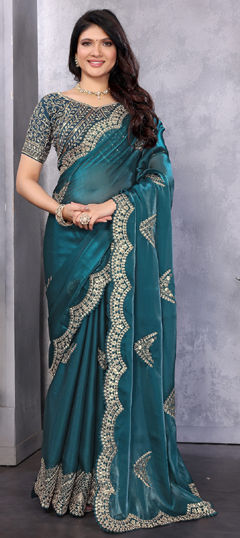 Blue color Saree in Shimmer fabric with Embroidered, Sequence work