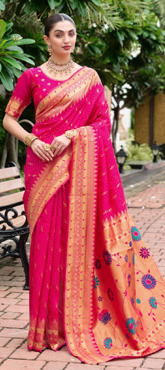 Pink and Majenta color Saree in Blended fabric with Weaving, Zari work