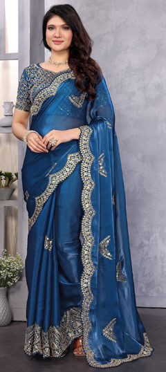 Blue color Saree in Shimmer fabric with Embroidered, Sequence work