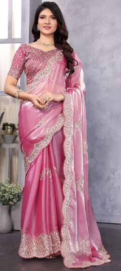 Pink and Majenta color Saree in Shimmer fabric with Embroidered, Sequence work