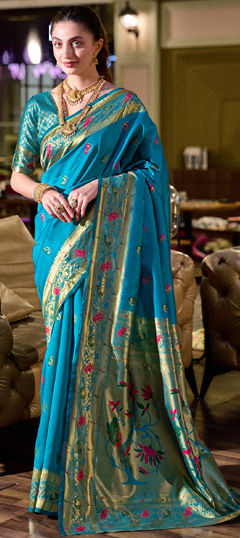 Blue color Saree in Blended, Silk fabric with Weaving, Zari work