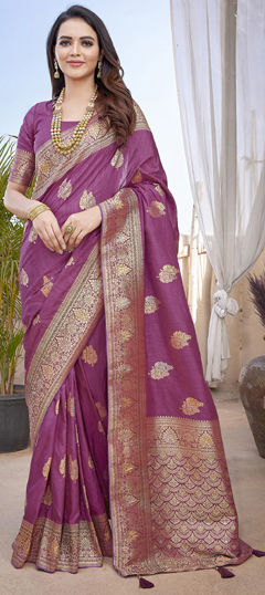 Pink and Majenta color Saree in Blended, Silk fabric with Weaving work