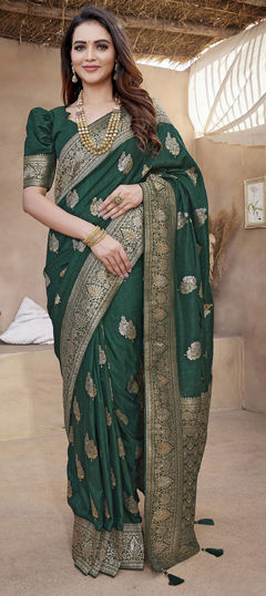Green color Saree in Blended, Silk fabric with Weaving work