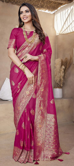Pink and Majenta color Saree in Blended, Silk fabric with Weaving work
