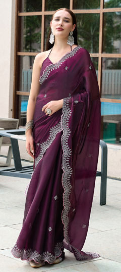 Purple and Violet color Saree in Shimmer fabric with Embroidered, Thread work