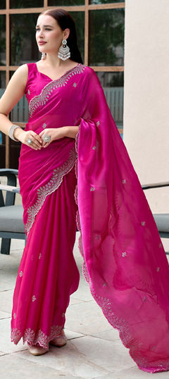 Pink and Majenta color Saree in Shimmer fabric with Embroidered, Thread work