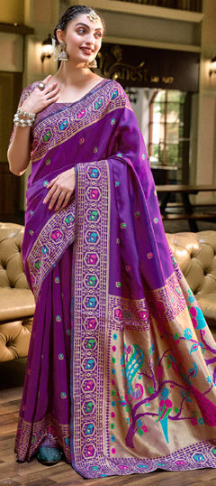 Purple and Violet color Saree in Blended fabric with Weaving, Zari work