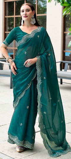 Green color Saree in Shimmer fabric with Embroidered, Thread work