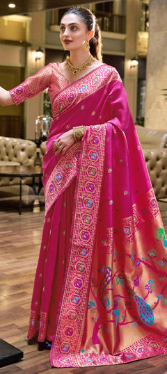 Pink and Majenta color Saree in Blended fabric with Weaving, Zari work