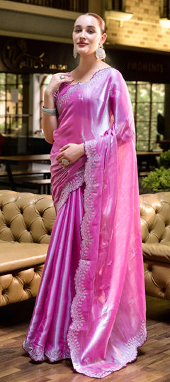 Pink and Majenta color Saree in Shimmer fabric with Embroidered, Thread work