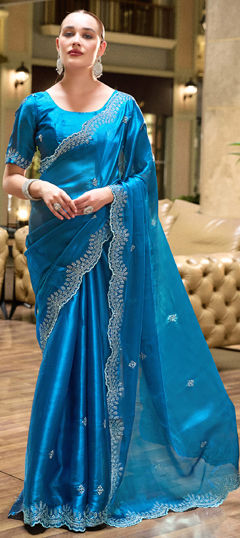 Blue color Saree in Shimmer fabric with Embroidered, Thread work