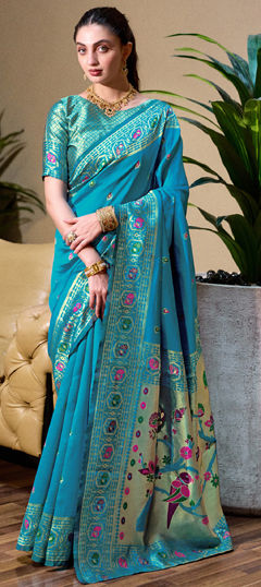 Blue color Saree in Blended fabric with Weaving, Zari work