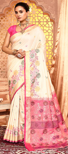 White and Off White color Saree in Silk fabric with Weaving work