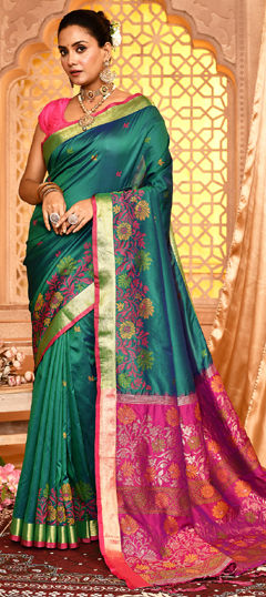 Green color Saree in Silk fabric with Weaving work