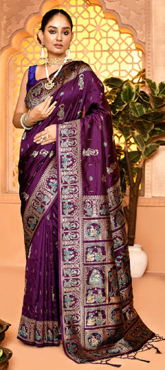 Purple and Violet color Saree in Silk fabric with Weaving work