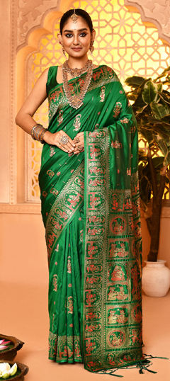 Green color Saree in Silk fabric with Weaving work