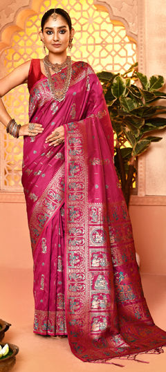 Red and Maroon color Saree in Silk fabric with Weaving work