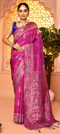 Pink and Majenta color Saree in Silk fabric with Weaving work