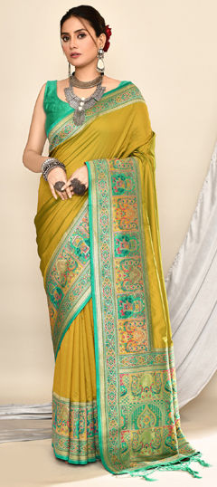 Green color Saree in Silk fabric with Weaving work