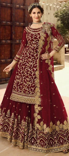 Red and Maroon color Salwar Kameez in Net fabric with Embroidered, Sequence, Thread, Zari work