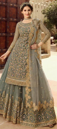 Black and Grey color Salwar Kameez in Net fabric with Embroidered, Sequence, Thread, Zari work