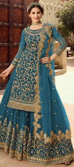 Blue color Salwar Kameez in Net fabric with Embroidered, Sequence, Thread, Zari work
