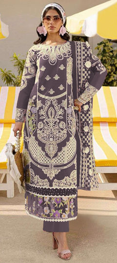 Beige and Brown color Salwar Kameez in Faux Georgette fabric with Bugle Beads, Embroidered, Sequence work