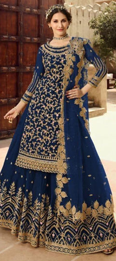 Blue color Salwar Kameez in Net fabric with Embroidered, Sequence, Thread, Zari work