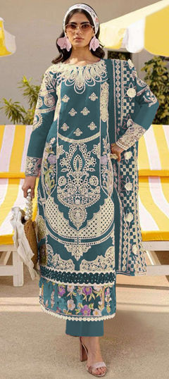 Blue color Salwar Kameez in Faux Georgette fabric with Bugle Beads, Embroidered, Sequence work