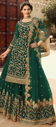 Green color Salwar Kameez in Net fabric with Embroidered, Sequence, Thread, Zari work