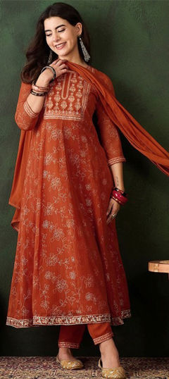 Orange color Salwar Kameez in Georgette fabric with Embroidered, Printed, Thread work
