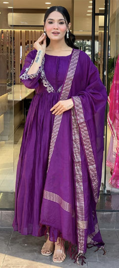 Purple and Violet color Salwar Kameez in Chinon Silk fabric with Embroidered, Thread work