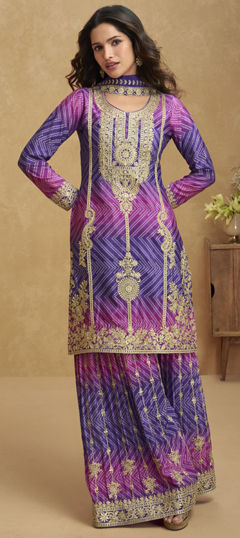 Pink and Majenta color Salwar Kameez in Chinon Silk fabric with Bandhej, Embroidered, Printed, Sequence, Thread, Zari work
