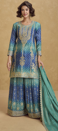 Blue, Green color Salwar Kameez in Chinon Silk fabric with Bandhej, Embroidered, Printed, Sequence, Thread, Zari work