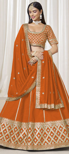Beige and Brown color Lehenga in Art Silk fabric with Embroidered, Thread, Zari work