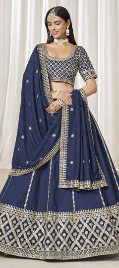 Blue color Lehenga in Art Silk fabric with Embroidered, Thread, Zari work