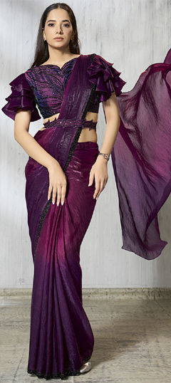 Purple and Violet color Readymade Saree in Satin Silk fabric with Bugle Beads, Embroidered, Printed work
