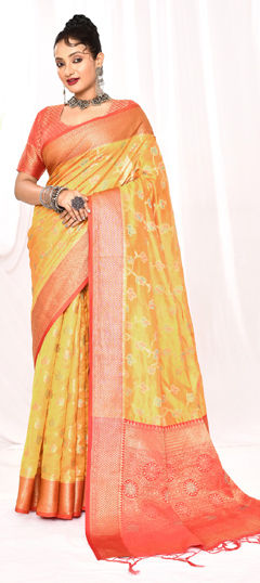 Yellow color Saree in Silk fabric with Weaving work