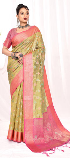 Green color Saree in Silk fabric with Weaving work