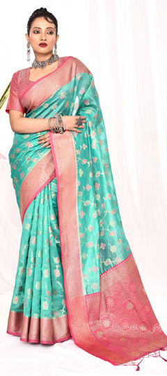 Green color Saree in Silk fabric with Weaving work