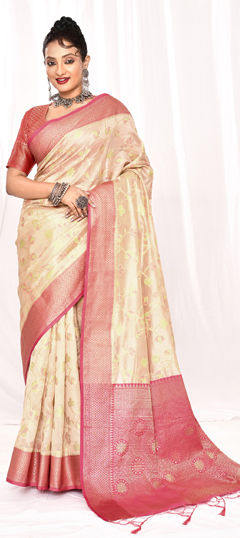 White and Off White color Saree in Silk fabric with Weaving work