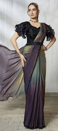 Blue color Readymade Saree in Satin Silk fabric with Bugle Beads, Embroidered, Printed work