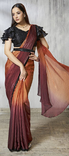 Red and Maroon color Readymade Saree in Satin Silk fabric with Bugle Beads, Embroidered, Printed work
