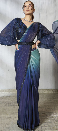 Blue color Readymade Saree in Satin Silk fabric with Bugle Beads, Embroidered, Printed, Sequence work