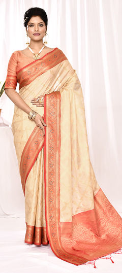 White and Off White color Saree in Silk fabric with Weaving work