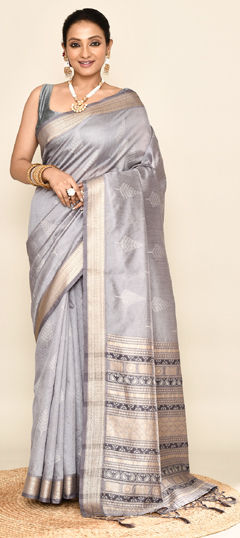 Black and Grey color Saree in Silk fabric with Weaving work