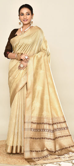 Beige and Brown color Saree in Silk fabric with Weaving work
